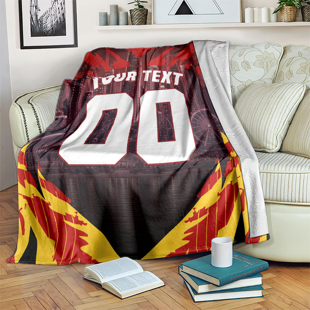 Personalised Gold Coast Suns Football Blanket Electric Red Flame Mascot Charging Cityscape