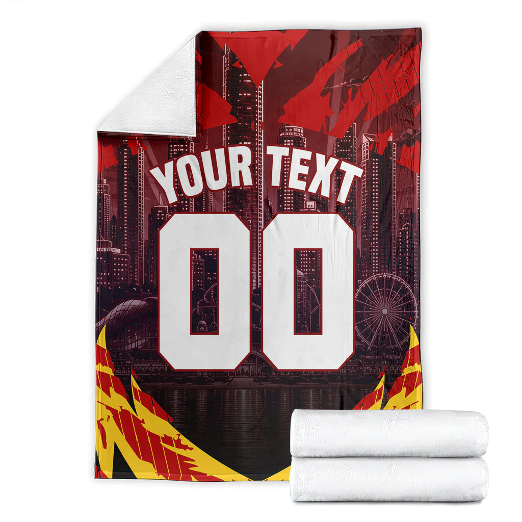 Personalised Gold Coast Suns Football Blanket Electric Red Flame Mascot Charging Cityscape