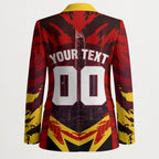 Personalised Gold Coast Suns Football Blazer Electric Red Flame Mascot Charging Cityscape