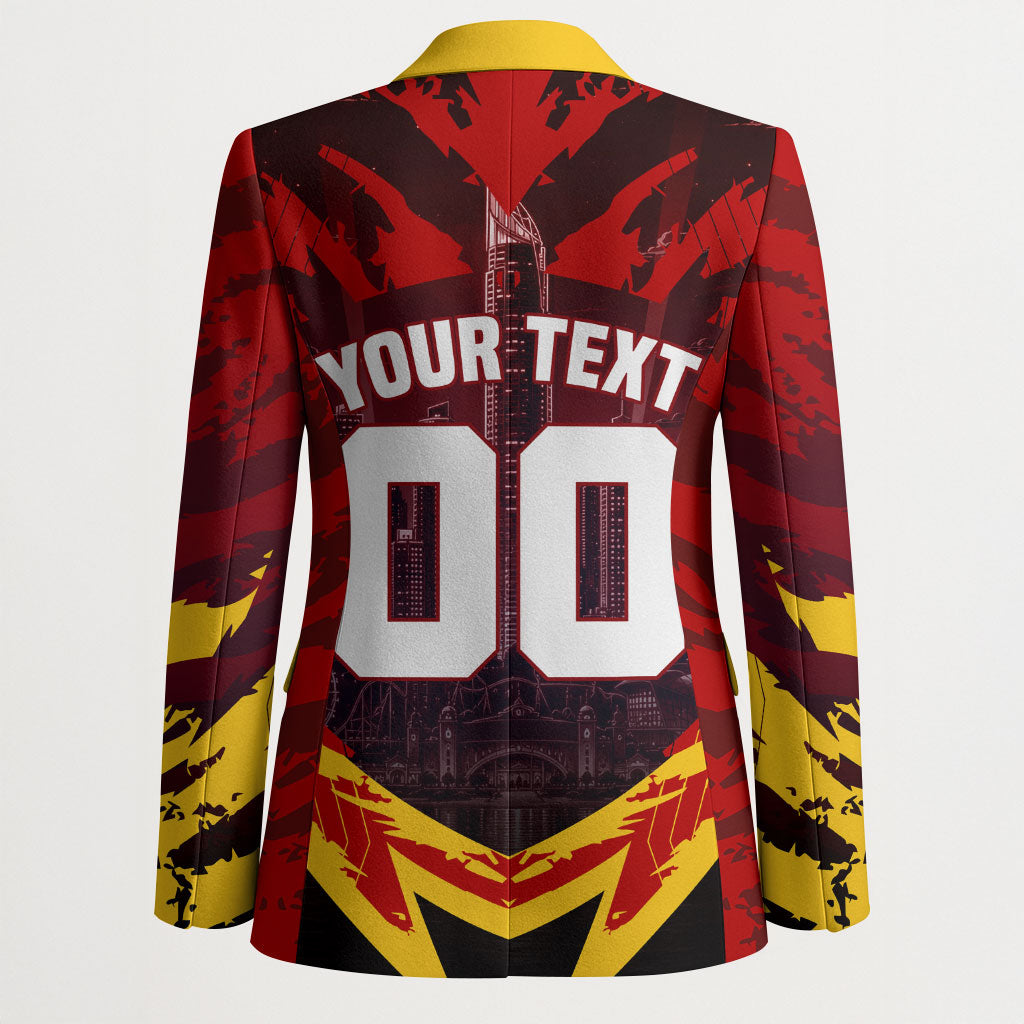Personalised Gold Coast Suns Football Blazer Electric Red Flame Mascot Charging Cityscape