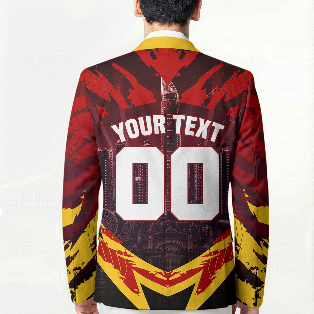 Personalised Gold Coast Suns Football Blazer Electric Red Flame Mascot Charging Cityscape