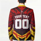 Personalised Gold Coast Suns Football Blazer Electric Red Flame Mascot Charging Cityscape