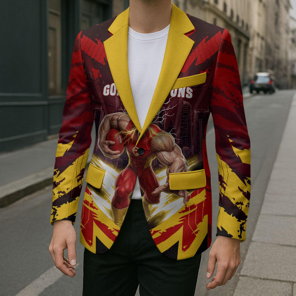 Personalised Gold Coast Suns Football Blazer Electric Red Flame Mascot Charging Cityscape