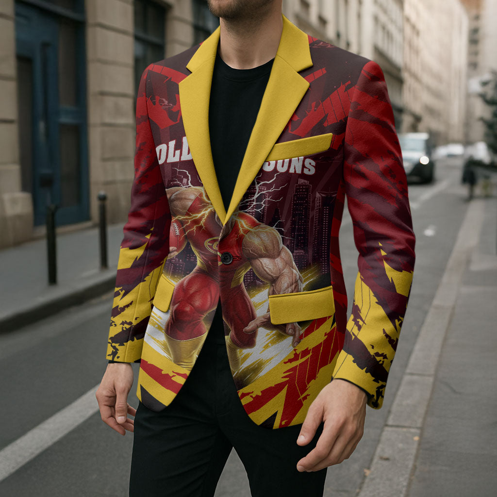 Personalised Gold Coast Suns Football Blazer Electric Red Flame Mascot Charging Cityscape