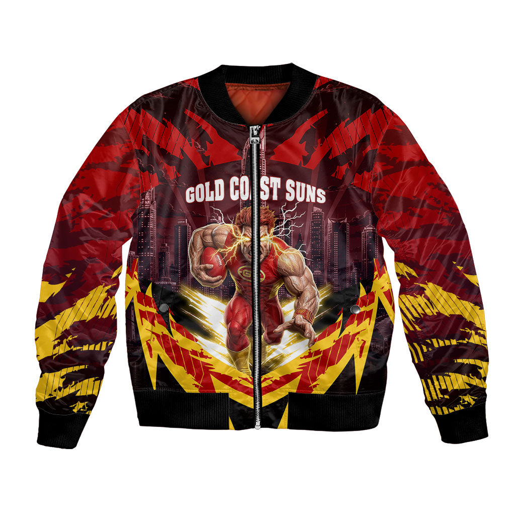 Personalised Gold Coast Suns Football Bomber Jacket Electric Red Flame Mascot Charging Cityscape