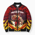 Personalised Gold Coast Suns Football Bomber Puffer Jacket Electric Red Flame Mascot Charging Cityscape