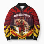Personalised Gold Coast Suns Football Bomber Puffer Jacket Electric Red Flame Mascot Charging Cityscape