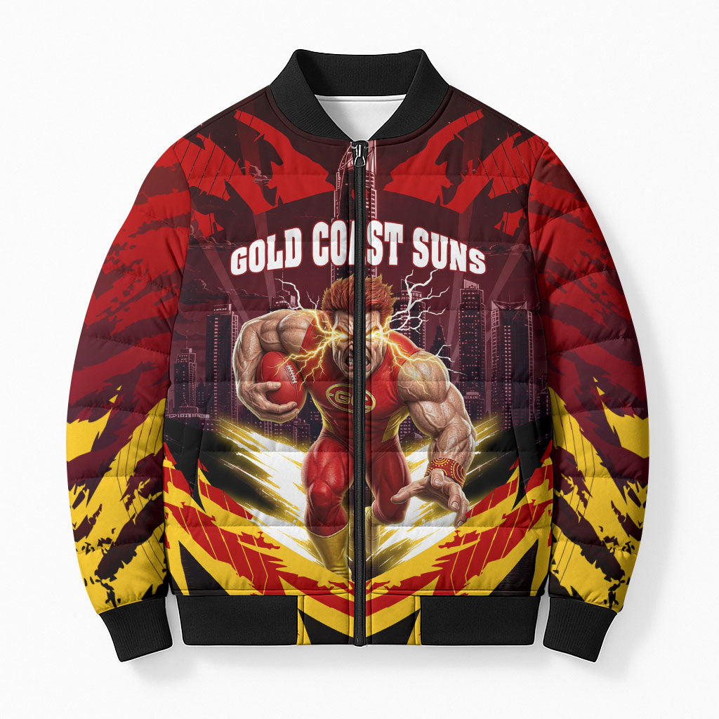 Personalised Gold Coast Suns Football Bomber Puffer Jacket Electric Red Flame Mascot Charging Cityscape