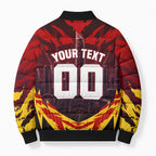 Personalised Gold Coast Suns Football Bomber Puffer Jacket Electric Red Flame Mascot Charging Cityscape