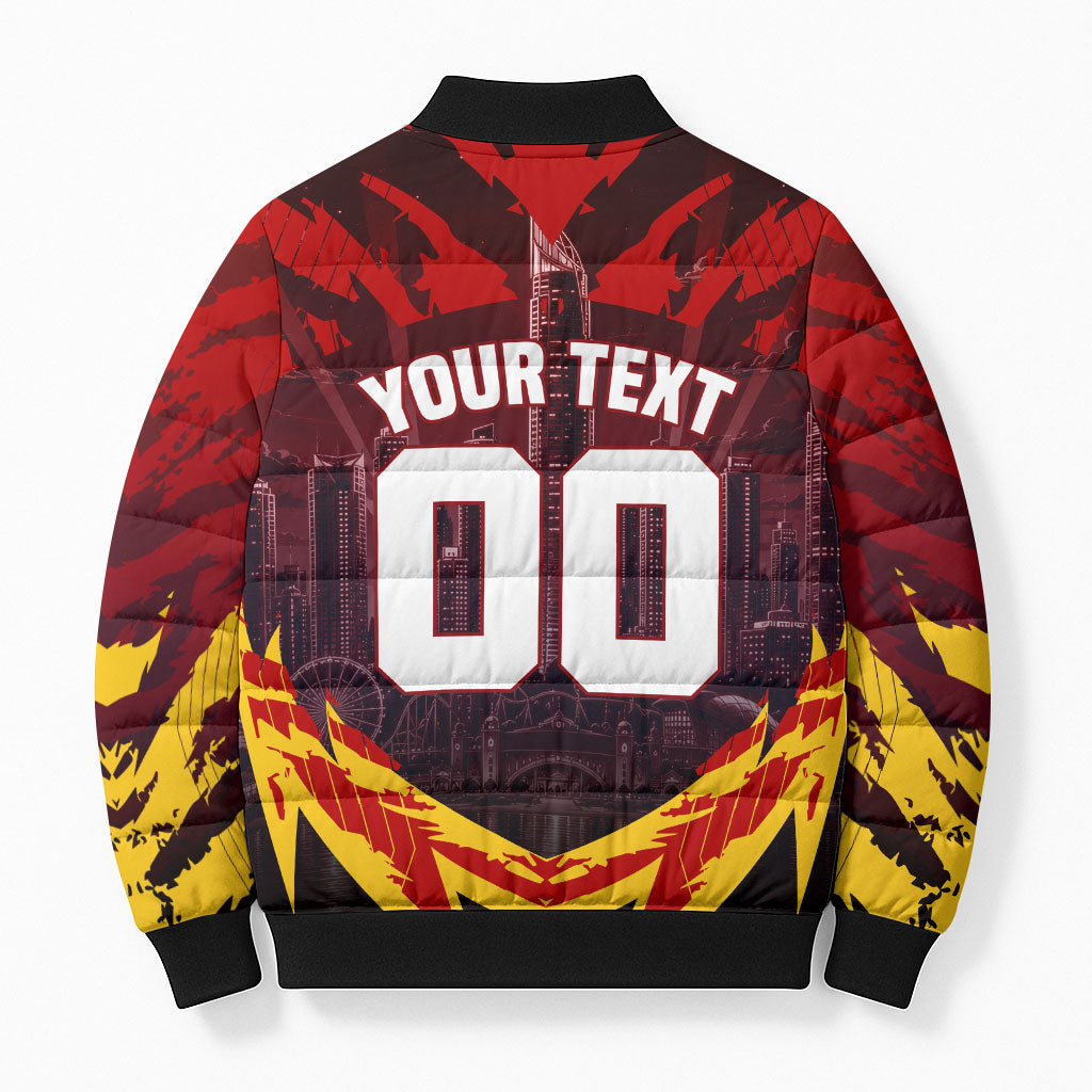 Personalised Gold Coast Suns Football Bomber Puffer Jacket Electric Red Flame Mascot Charging Cityscape