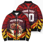 Personalised Gold Coast Suns Football Bomber Puffer Jacket Electric Red Flame Mascot Charging Cityscape