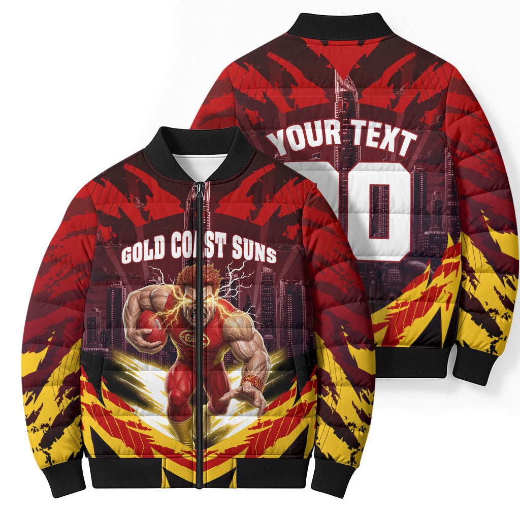 Personalised Gold Coast Suns Football Bomber Puffer Jacket Electric Red Flame Mascot Charging Cityscape