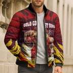 Personalised Gold Coast Suns Football Bomber Puffer Jacket Electric Red Flame Mascot Charging Cityscape