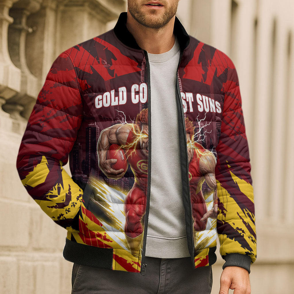 Personalised Gold Coast Suns Football Bomber Puffer Jacket Electric Red Flame Mascot Charging Cityscape