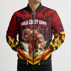 Personalised Gold Coast Suns Football Bomber Puffer Jacket Electric Red Flame Mascot Charging Cityscape