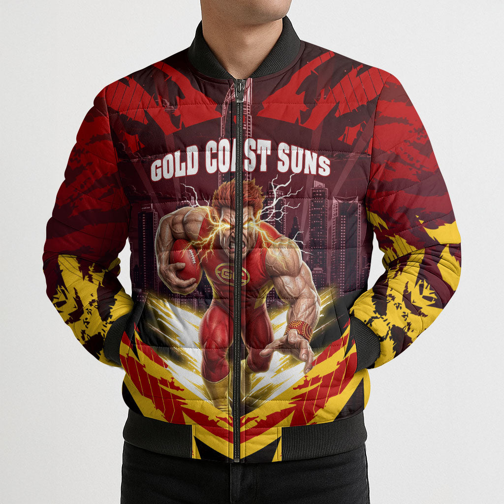 Personalised Gold Coast Suns Football Bomber Puffer Jacket Electric Red Flame Mascot Charging Cityscape