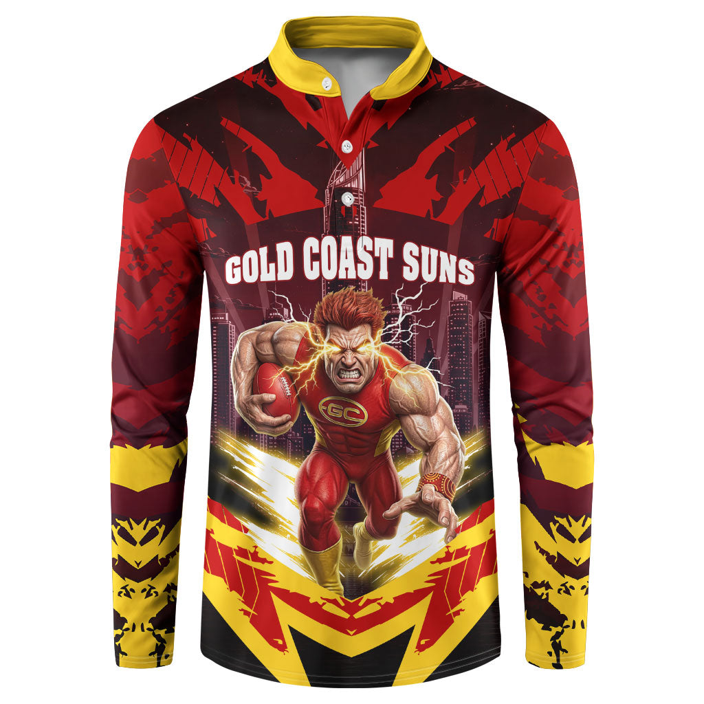 Personalised Gold Coast Suns Football Button Sweatshirt Electric Red Flame Mascot Charging Cityscape