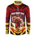 Personalised Gold Coast Suns Football Button Sweatshirt Electric Red Flame Mascot Charging Cityscape