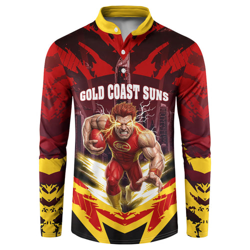 Personalised Gold Coast Suns Football Button Sweatshirt Electric Red Flame Mascot Charging Cityscape