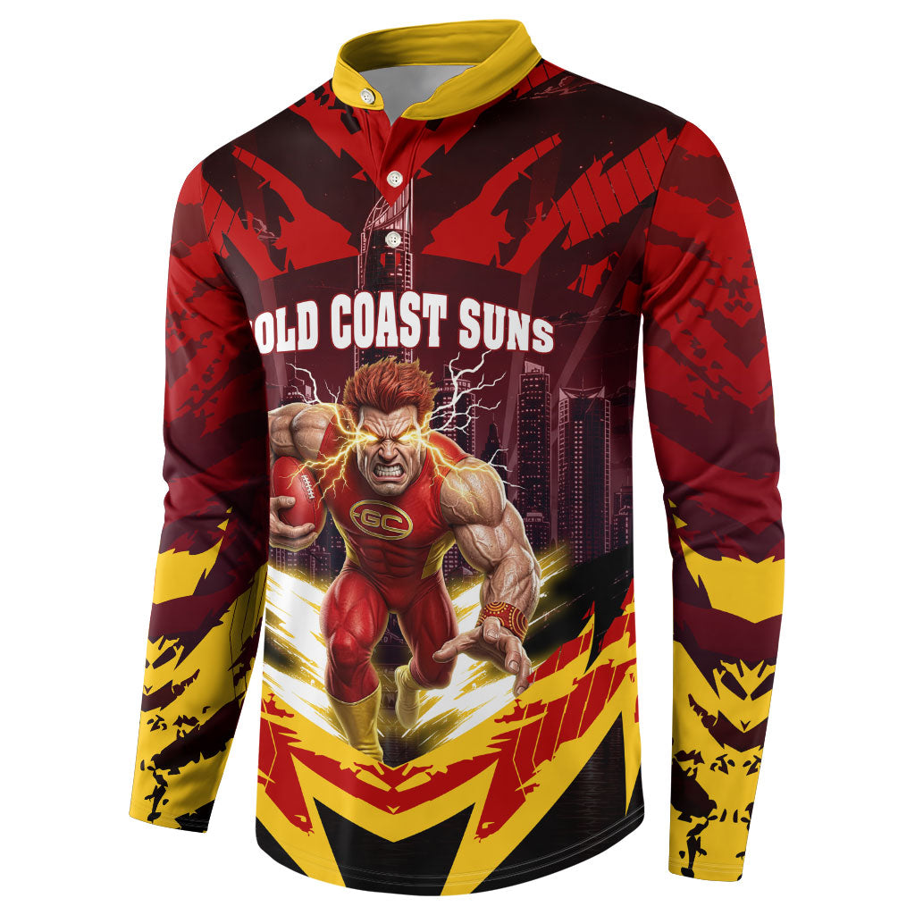 Personalised Gold Coast Suns Football Button Sweatshirt Electric Red Flame Mascot Charging Cityscape