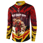 Personalised Gold Coast Suns Football Button Sweatshirt Electric Red Flame Mascot Charging Cityscape