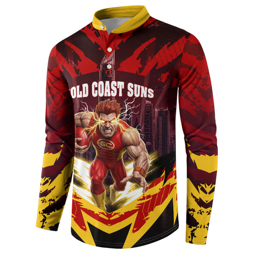 Personalised Gold Coast Suns Football Button Sweatshirt Electric Red Flame Mascot Charging Cityscape