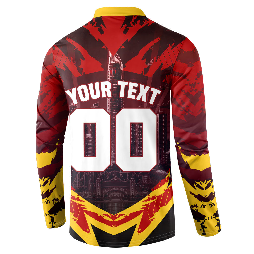 Personalised Gold Coast Suns Football Button Sweatshirt Electric Red Flame Mascot Charging Cityscape