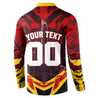 Personalised Gold Coast Suns Football Button Sweatshirt Electric Red Flame Mascot Charging Cityscape