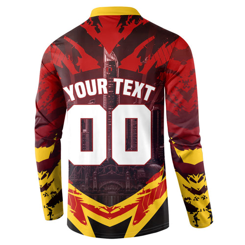 Personalised Gold Coast Suns Football Button Sweatshirt Electric Red Flame Mascot Charging Cityscape