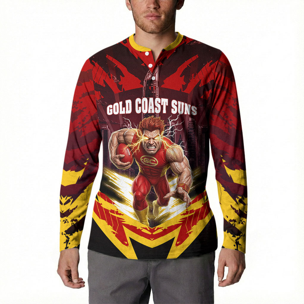 Personalised Gold Coast Suns Football Button Sweatshirt Electric Red Flame Mascot Charging Cityscape