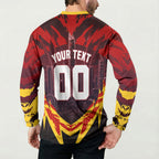 Personalised Gold Coast Suns Football Button Sweatshirt Electric Red Flame Mascot Charging Cityscape