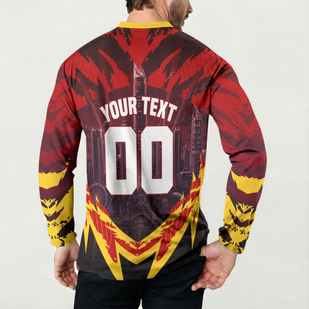 Personalised Gold Coast Suns Football Button Sweatshirt Electric Red Flame Mascot Charging Cityscape
