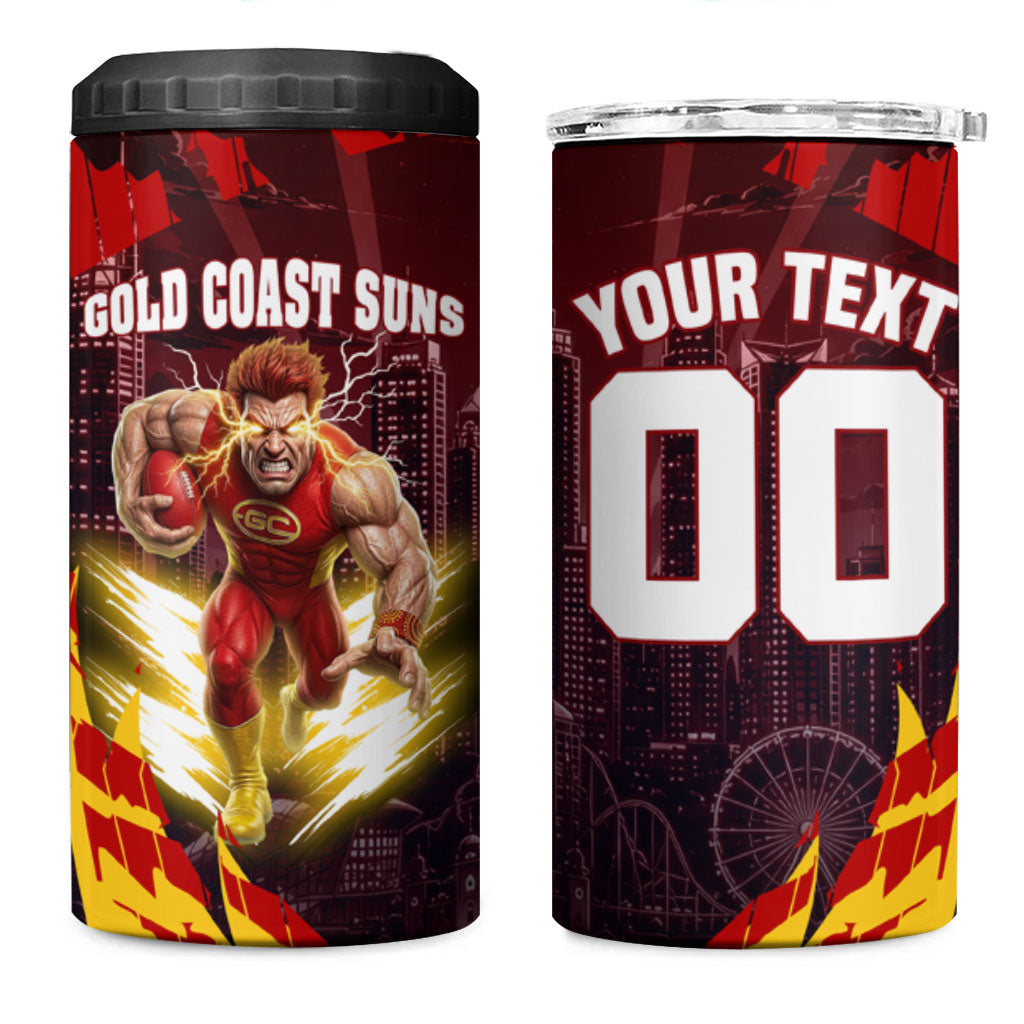 Personalised Gold Coast Suns Football 4 in 1 Can Cooler Tumbler Electric Red Flame Mascot Charging Cityscape