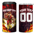 Personalised Gold Coast Suns Football 4 in 1 Can Cooler Tumbler Electric Red Flame Mascot Charging Cityscape