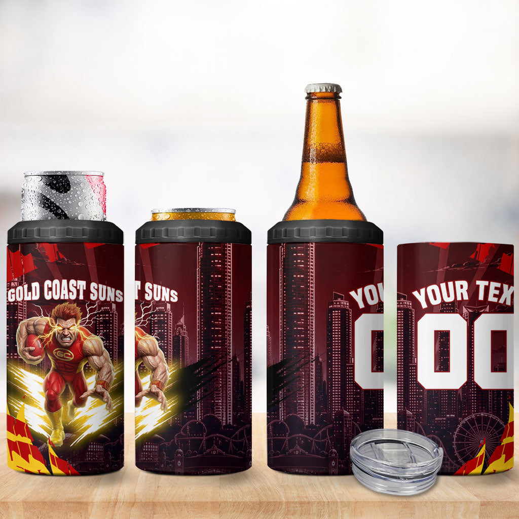 Personalised Gold Coast Suns Football 4 in 1 Can Cooler Tumbler Electric Red Flame Mascot Charging Cityscape