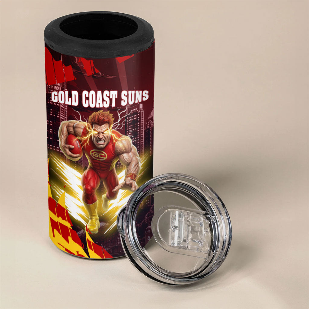 Personalised Gold Coast Suns Football 4 in 1 Can Cooler Tumbler Electric Red Flame Mascot Charging Cityscape