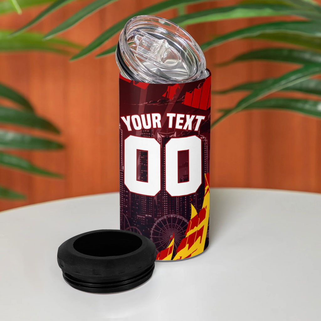 Personalised Gold Coast Suns Football 4 in 1 Can Cooler Tumbler Electric Red Flame Mascot Charging Cityscape