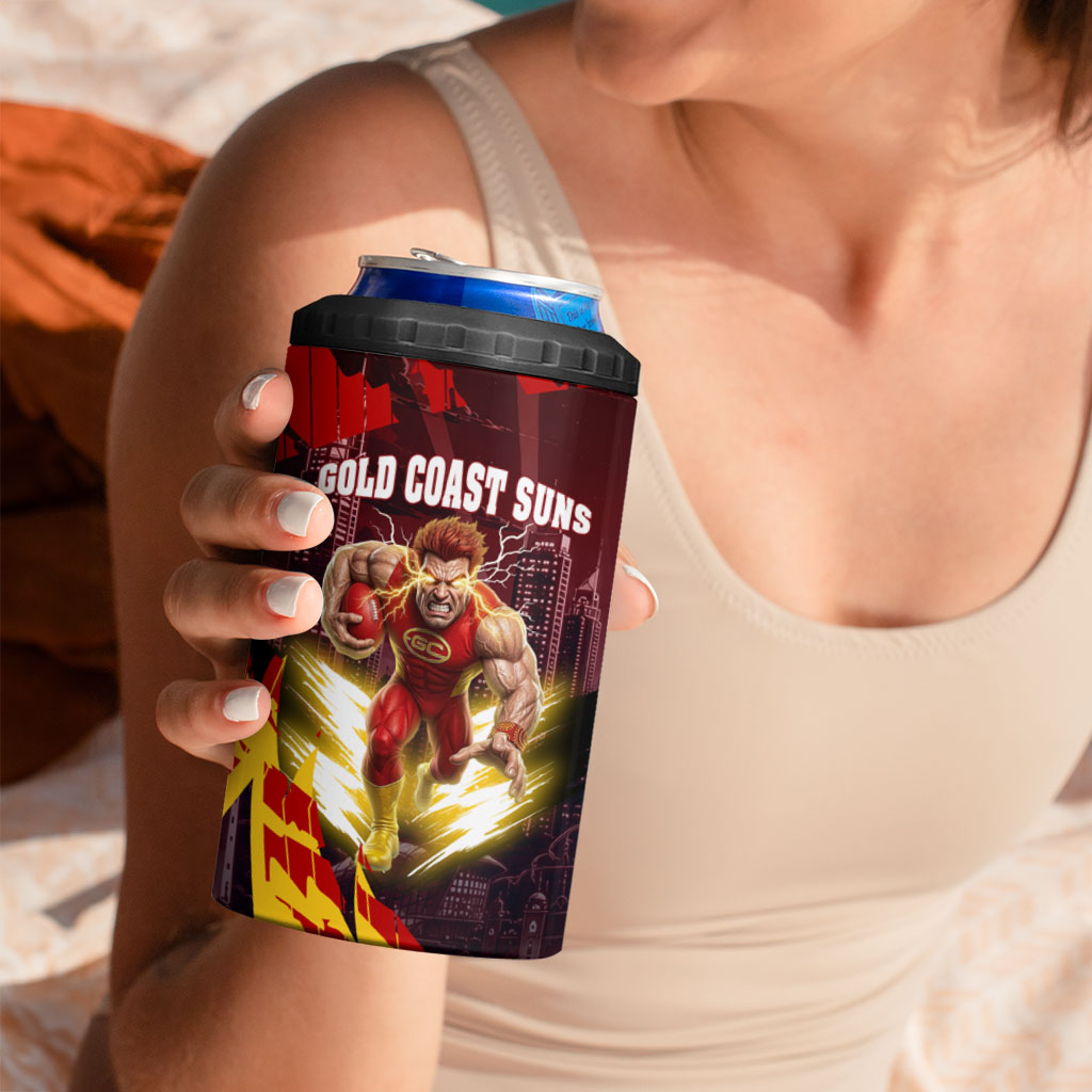 Personalised Gold Coast Suns Football 4 in 1 Can Cooler Tumbler Electric Red Flame Mascot Charging Cityscape