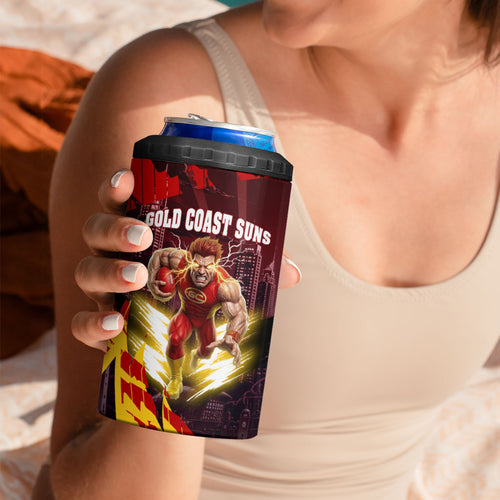 Personalised Gold Coast Suns Football 4 in 1 Can Cooler Tumbler Electric Red Flame Mascot Charging Cityscape