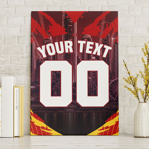 Personalised Gold Coast Suns Football Canvas Wall Art Electric Red Flame Mascot Charging Cityscape
