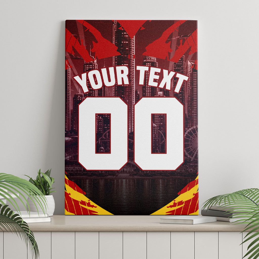 Personalised Gold Coast Suns Football Canvas Wall Art Electric Red Flame Mascot Charging Cityscape