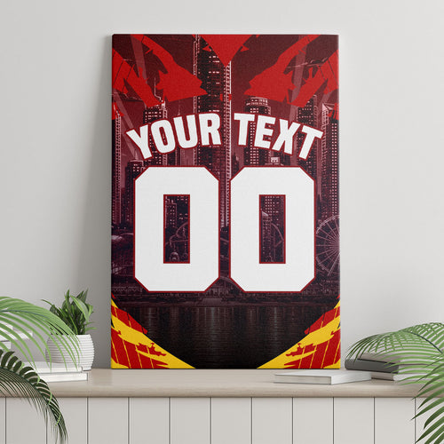 Personalised Gold Coast Suns Football Canvas Wall Art Electric Red Flame Mascot Charging Cityscape