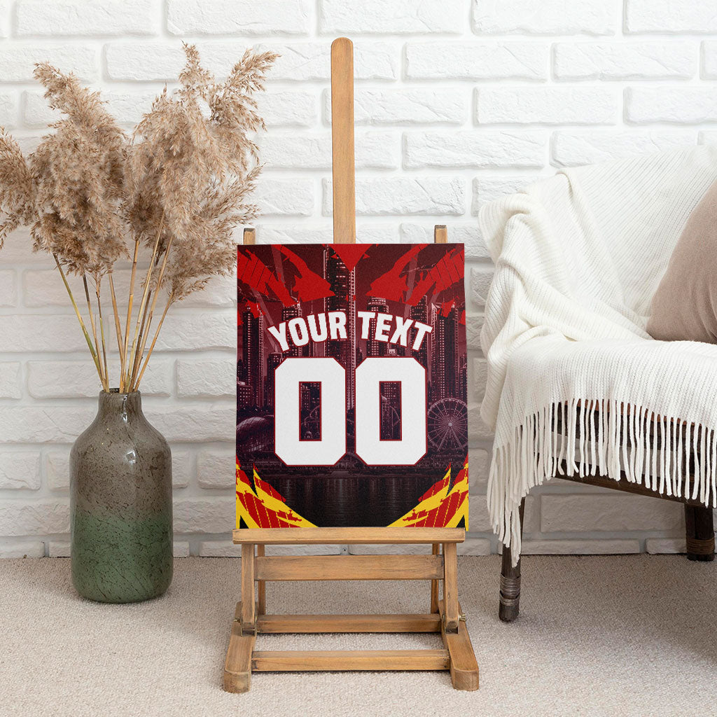 Personalised Gold Coast Suns Football Canvas Wall Art Electric Red Flame Mascot Charging Cityscape