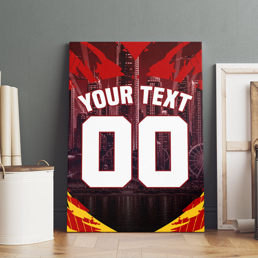 Personalised Gold Coast Suns Football Canvas Wall Art Electric Red Flame Mascot Charging Cityscape