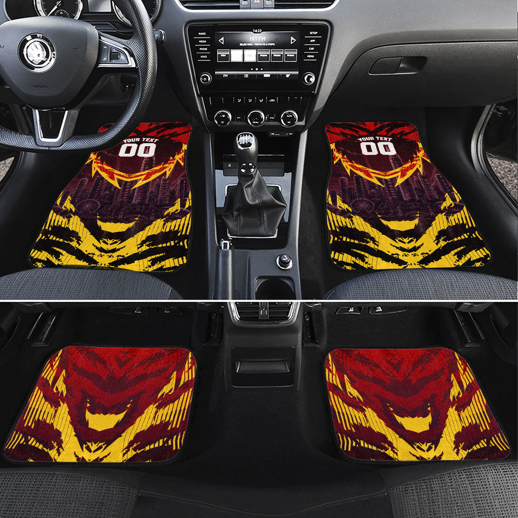 Personalised Gold Coast Suns Football Car Mats Electric Red Flame Mascot Charging Cityscape