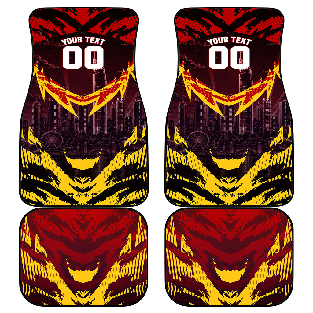 Personalised Gold Coast Suns Football Car Mats Electric Red Flame Mascot Charging Cityscape