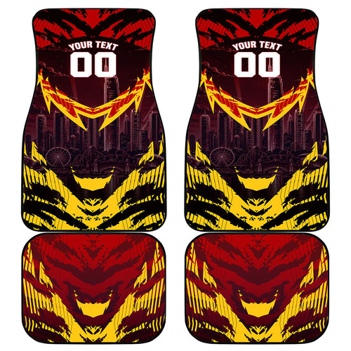 Personalised Gold Coast Suns Football Car Mats Electric Red Flame Mascot Charging Cityscape