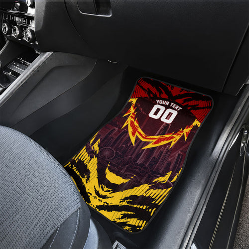 Personalised Gold Coast Suns Football Car Mats Electric Red Flame Mascot Charging Cityscape