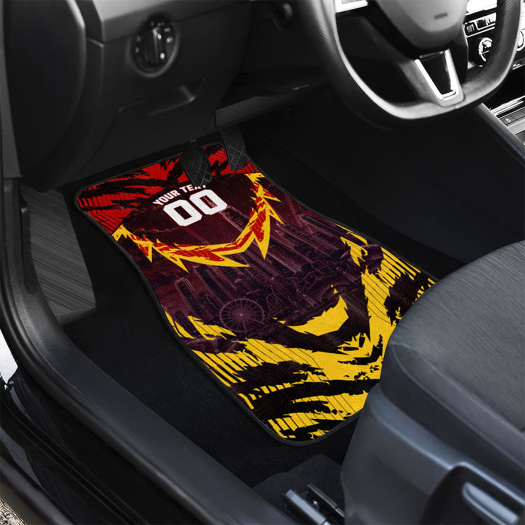 Personalised Gold Coast Suns Football Car Mats Electric Red Flame Mascot Charging Cityscape
