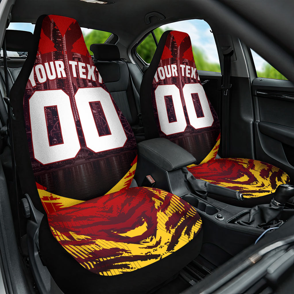 Personalised Gold Coast Suns Football Car Seat Cover Electric Red Flame Mascot Charging Cityscape